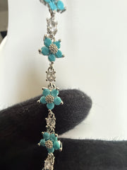Turquoise Blue Floral Crystal Bracelet – Silver-Tone Daisy Flower Link Bracelet 7119