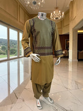 Small Men’s Henna Green Color Afghan Parahan Tunban Set with Premium Machine Embroidery