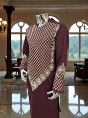 Men’s Maroon Kameez with Gold and White Machine Embroidery – Large Tall | Luqmaan Boutique
