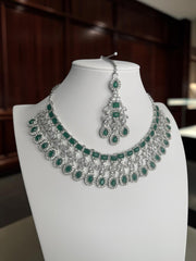 Luxury Emerald Green American Diamond Bridal Jewelry Set with Maang Tikka | Premium Brass Statement Collar Necklace, Earrings & Gift Box Included 6031
