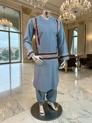 Medium Turquoise Afghan Parahan Tunban with Brown and White Premium Machine Embroidery for Boys/Men