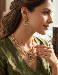 Gold-Tone Kundan Style Long Necklace & Earrings Set with Pearl Drops – 4 Colors