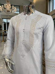 X-Small to Small Men’s White Afghan Parahan Tunban – Handmade Gold Embroidery on Chest & Sleeves