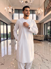 Men’s White Qasimi Design Parahan Tunban – Traditional Afghan 2-Piece Outfit | Small–XXL