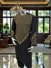 Small Black Afghan Kameez with Gold & Black Embroidery | Premium Traditional Men’s Outfit