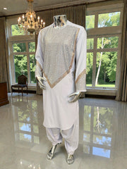 Men’s White Shesha Parahan Tunban Luxury Afghan Outfit with Matching Shawl | Luqmaan Boutique Collection Small