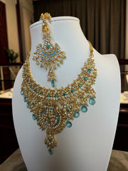 Aqua Blue Indian Pakistani Afghan Bridal Jewelry Set with Earrings & Maang Tikka | Gold Tone Crystal Rhinestone Necklace Set | Gift Box Included 7011