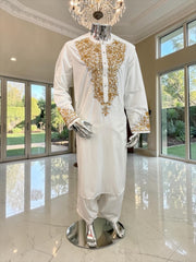 Handmade Afghan Selmadozi Embroidered Men’s Perahan Tunban – Luxury Traditional Formal Outfit – Available in Black, Ivory & White