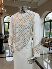 XL Off-White Afghan Kameez 3-Piece Set with Gold Shesha Work | Traditional Men’s Outfit