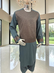 X-Large Men’s Slate Teal & Bronze Embroidered 3-Piece Parahan Tunban with Matching Tunban & Shawl | Afghan Traditional Outfit 7222