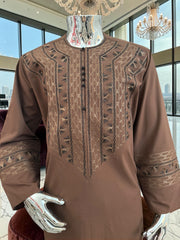 X-Large Handmade Embroidered Brown Parahan Tunban Set with Matching Shawl