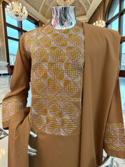Medium Mens Afghan Parahan Tunban Set – Caramel Brown Premium Embroidered Traditional Outfit with Matching Chadder/patto