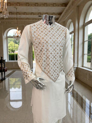 XL Off-White Afghan Kameez 3-Piece Set with Gold Shesha Work | Traditional Men’s Outfit