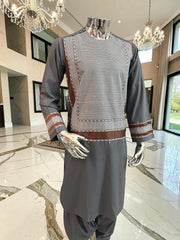 Small Charcoal Grey Men’s Shalwar Kameez Yakhandozi with white & Bronze Embroidery | Premium Traditional Wear