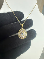 Pear Cut Crystal Halo Pendant Necklace – Gold Tone Stainless Steel Teardrop Necklace 7159