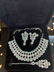 Luxury Mint Green American Diamond Bridal Jewelry Set with Maang Tikka | Premium Brass Statement Necklace & Earrings Gift Box Included 6037
