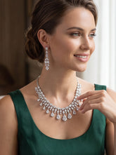 Luxury Clear Crystal Statement Necklace & Drop Earrings Set | Silver Tone | Gift Ready Black Box | Elegant Bridal & Evening Jewelry 6054