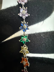 Multicolor Floral Crystal Bracelet – Rainbow Five-Petal Flower Silver-Tone Bracelet 7120