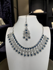 Luxury Navy Blue American Diamond Bridal Jewelry Set with Maang Tikka | Premium Brass Statement Necklace & Earrings | Gift-Ready Jewelry Box Included 6035