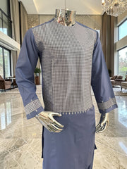 Small Afghan Parahan Tunban Kameese Shalwar Slate Blue Silver Machine Embroidery