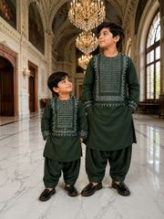 Traditional Afghan Clothing for Boys – Forest Green Embroidered Set Design 23