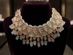 Pastel Pink & Aqua Kundan Bridal Jewelry Set with Earrings and Maang Tikka | Rose Gold Indian Pakistani Afghan Wedding Necklace 6051