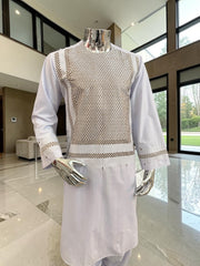 X-Large White Premium Machine Embroidered Afghan Parahan Tunban Set