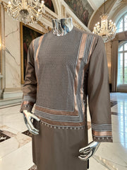 Small Taupe Brown Embroidered Men’s Parahan Tunban Yakhandozi – Premium Traditional Kandahari Yakhan