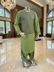Medium Afghan Parahan Tunban Kameese Shalwar Green Machine Embroidery