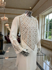 XL Off-White Afghan Kameez 3-Piece Set with Gold Shesha Work | Traditional Men’s Outfit
