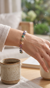Multicolor Floral Crystal Bracelet – Rainbow Five-Petal Flower Silver-Tone Bracelet 7120