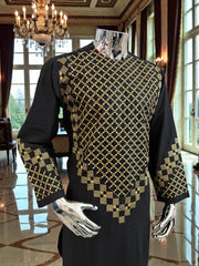 Small Black Afghan Kameez with Gold & Black Embroidery | Premium Traditional Men’s Outfit