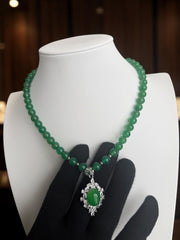 Natural Green Agate Beaded Necklace with Oval Pendant – Silver-Plated Brass and Zirconia Accent Statement Jewelry 6008