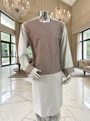 X-Large Premium Gray Parahan Tunban Set with Brown Machine Embroidery