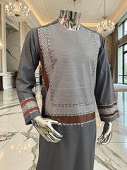 Small Charcoal Grey Men’s Shalwar Kameez Yakhandozi with white & Bronze Embroidery | Premium Traditional Wear