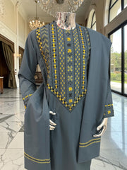 Medium Men’s Afghan Parahan Tunban Set – Dark Slate Blue with Premium Gold & Black Hand Embroidery with Chadder/patto