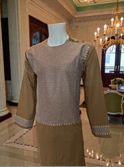 Medium Olive Afghan Parahan Tunban for Men with Machine Embroidery