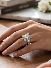 Moissanite Emerald-Cut Halo Statement Ring – Silver Tone, Size 8. 6002
