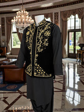 Black Velvet Waistcoat – Heavy Handmade Gold Zari & Dabka Embroidery | Luxury Wedding Medium to Large