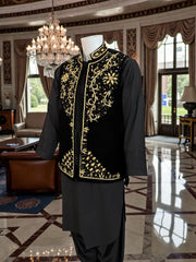 Black Velvet Waistcoat – Heavy Handmade Gold Zari & Dabka Embroidery | Luxury Wedding Medium to Large