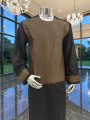 Men’s Black & Gold Parahan Tunban with Shawl – Machine Embroidered Afghan Outfit – XL & XXL
