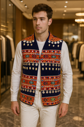 Men’s Navy-Blue Afghan Vest with Hand Embroidery, Shells & Silver Coins | Traditional Kuchi Waistcoat | Size Small