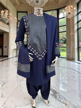 Medium Midnight Navy Hand Embroidered Afghan Parahan Tunban Set with Matching Chadder