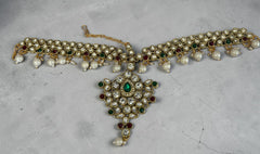6-Piece Gold-Tone Kundan Full Bridal Jewelry Set with Necklace, Earrings, Nose Ring, Sheeshphool & Ring Bracelets 029