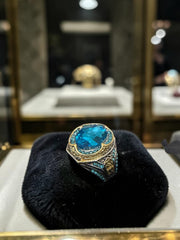 Men’s Vintage Blue Crystal Statement Ring – Silver Plated Ottoman Turkish Style Gemstone Ring G3
