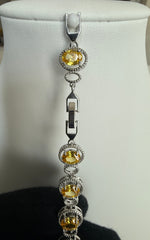 Golden Yellow Oval Crystal Halo Link Bracelet – Silver Tone Statement Bracelet 7095