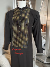 Men’s Black Parahan Tumban with Gold Hand Khamak Embroidery – Luxury Traditional Afghan Outfit, Medium