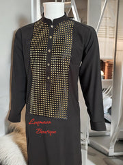 Men’s Black Parahan Tumban with Gold Hand Khamak Embroidery – Luxury Traditional Afghan Outfit, Medium