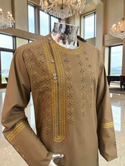 X-Large Afghan Parahan Tunban Kameese Shalwar Brown Hand Embroidery