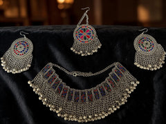 Traditional 4-Piece Afghan Tribal Jewelry Set – Vintage Silver-Tone Choker Necklace with Matching Earrings & Headpiece | Kuchi Boho Statement Jewelry for Women 013